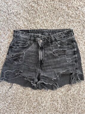American Eagle Outfitters Black Distressed High-Rise Denim Shorts